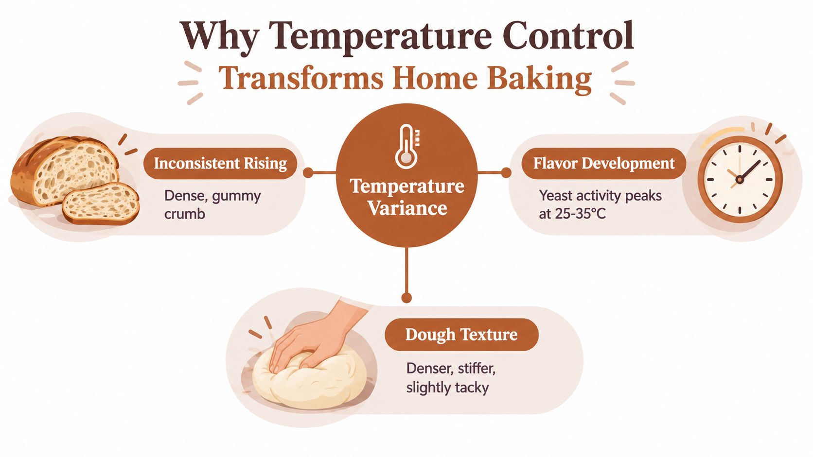 A diagram explaining how temperature variance affects bread dough rising, flavor development, and final dough texture.