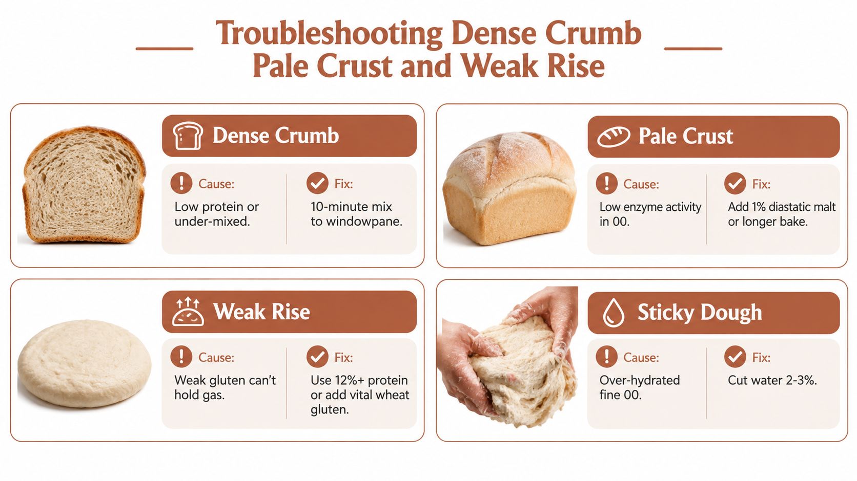 A troubleshooting infographic explaining common bread baking issues like dense crumb, pale crust, weak rise, and sticky dough.