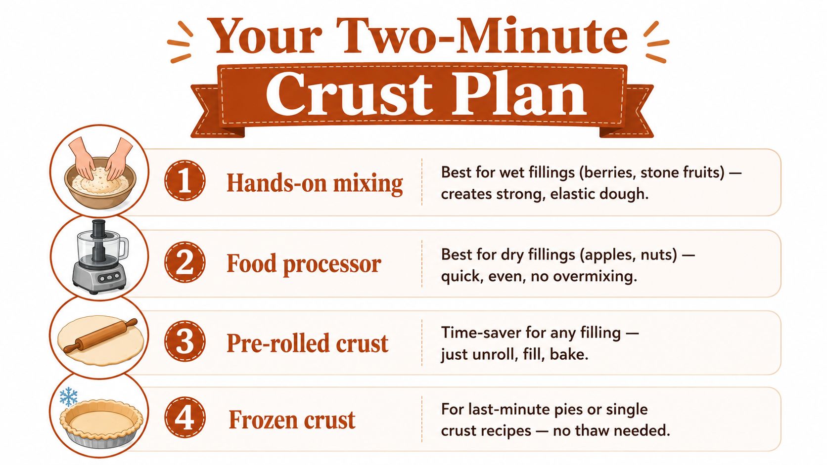 A helpful infographic showing four distinct methods for preparing pie crusts for different types of fillings.