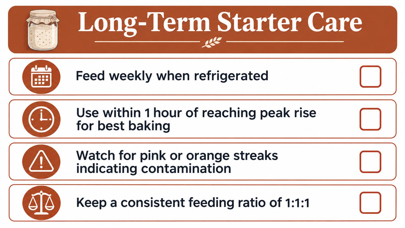 An infographic checklist for sourdough starter care, including feeding, peak rise timing, contamination warnings, and ratios.