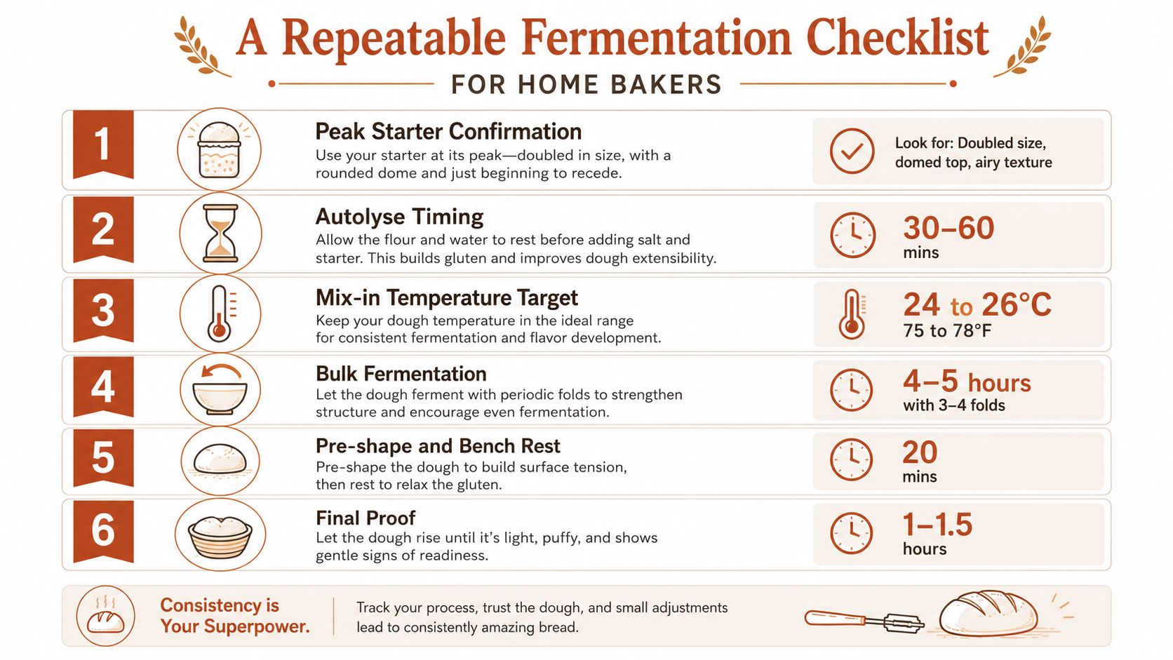A six-step infographic checklist for sourdough bread fermentation, showing key stages and timing for home bakers.