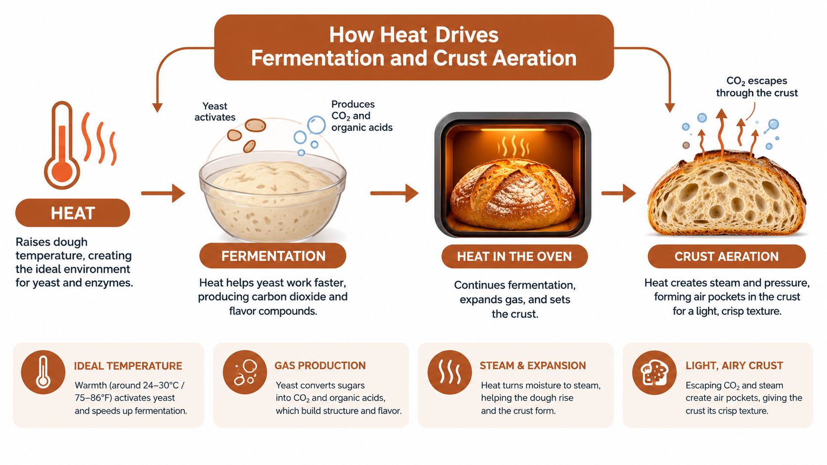 An infographic illustrating how heat affects pizza dough fermentation, oven baking, and bread crust aeration processes.