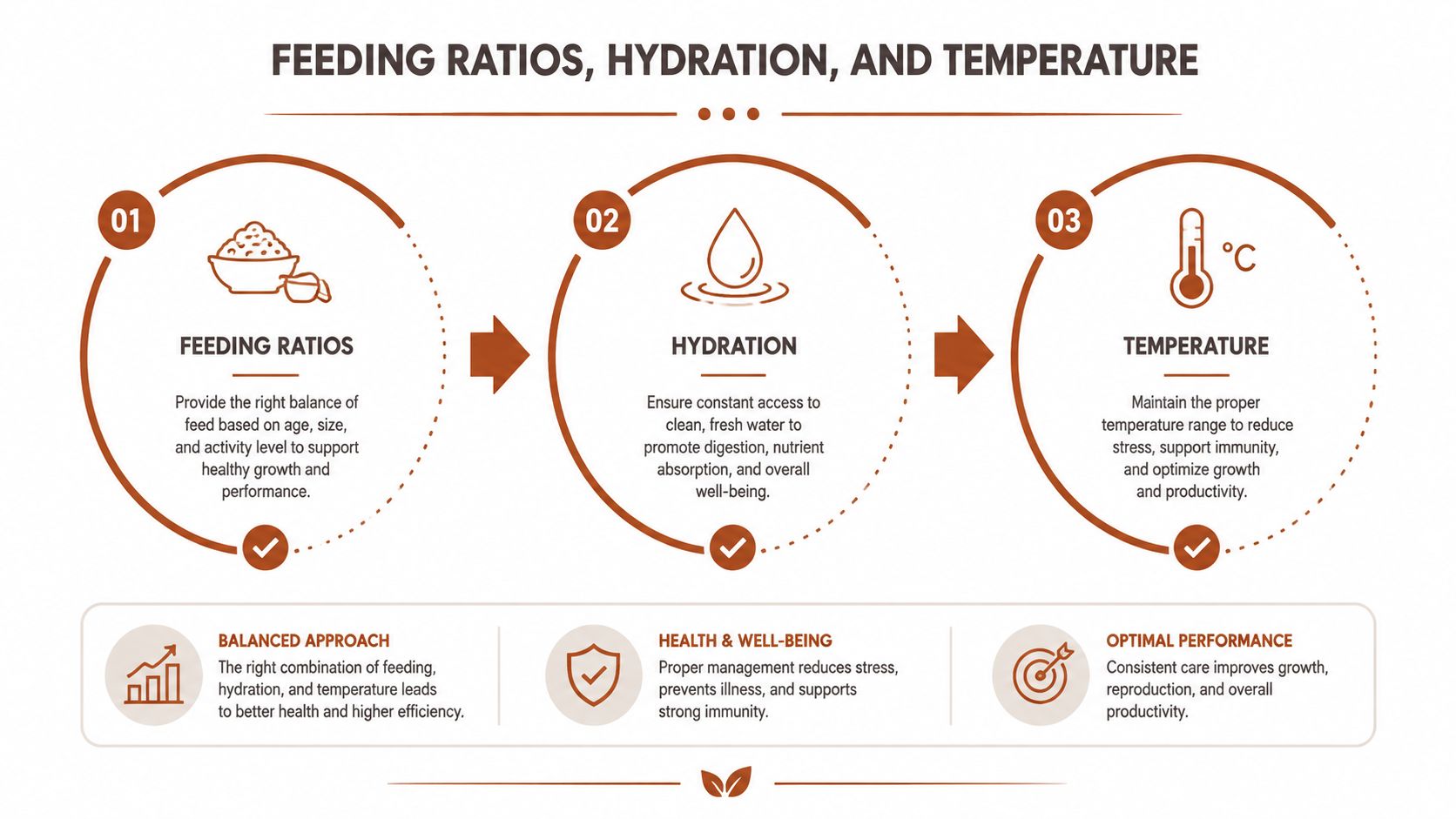 A diagram illustrating how feeding ratios, hydration, and temperature contribute to livestock health and productivity.