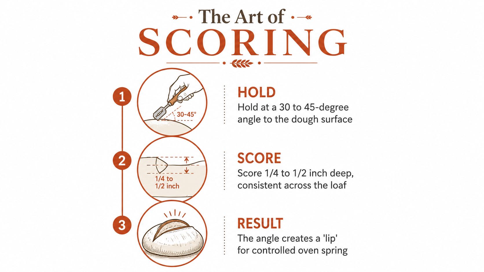 An instructional infographic demonstrating the proper technique for scoring bread dough using a lame blade.