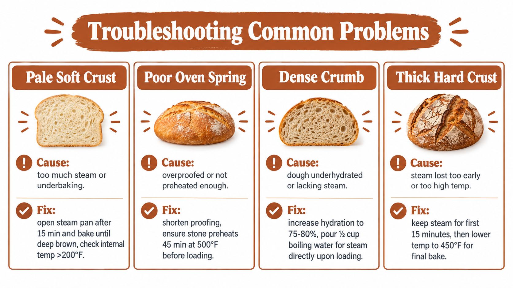 A troubleshooting guide showing common bread baking problems like pale crust, poor oven spring, and dense crumb.