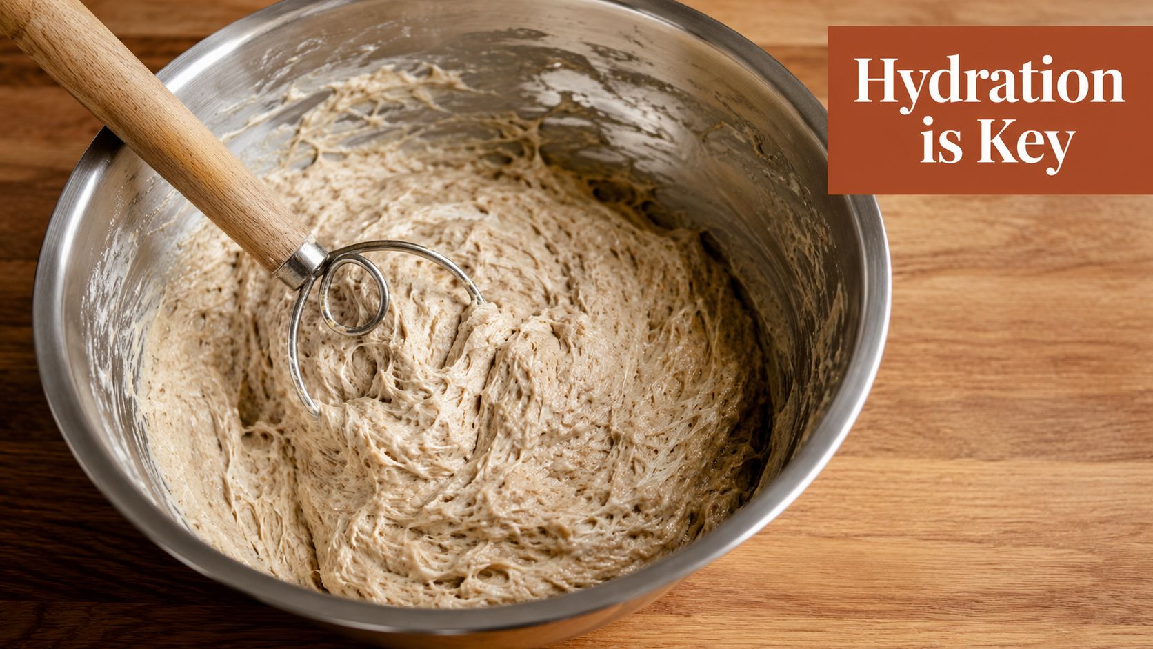 A stainless steel mixing bowl filled with wet, sticky kamut sourdough bread dough being mixed with a whisk.