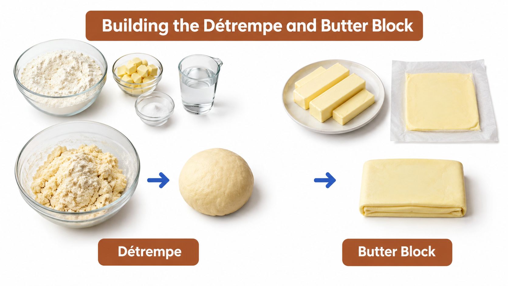 A visual guide showing ingredients and steps for preparing detrempe dough and a butter block for baking.