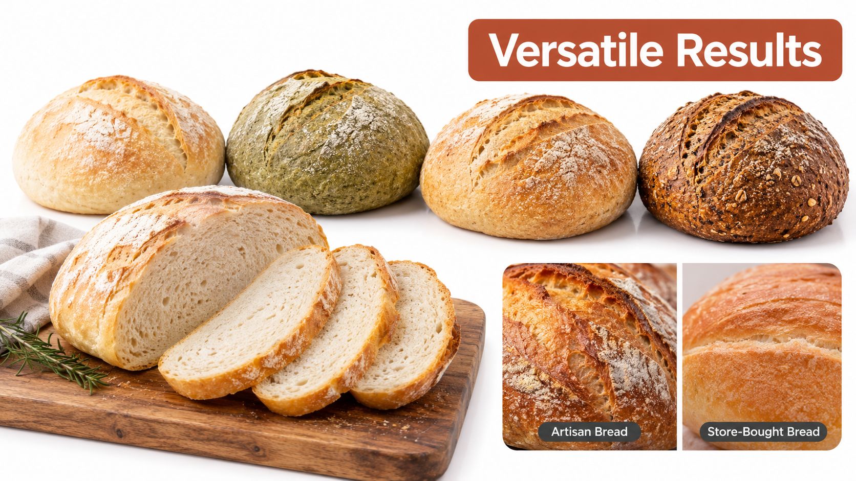 A display of various artisanal sourdough loaves and sliced bread highlighting versatile baking results on a table.