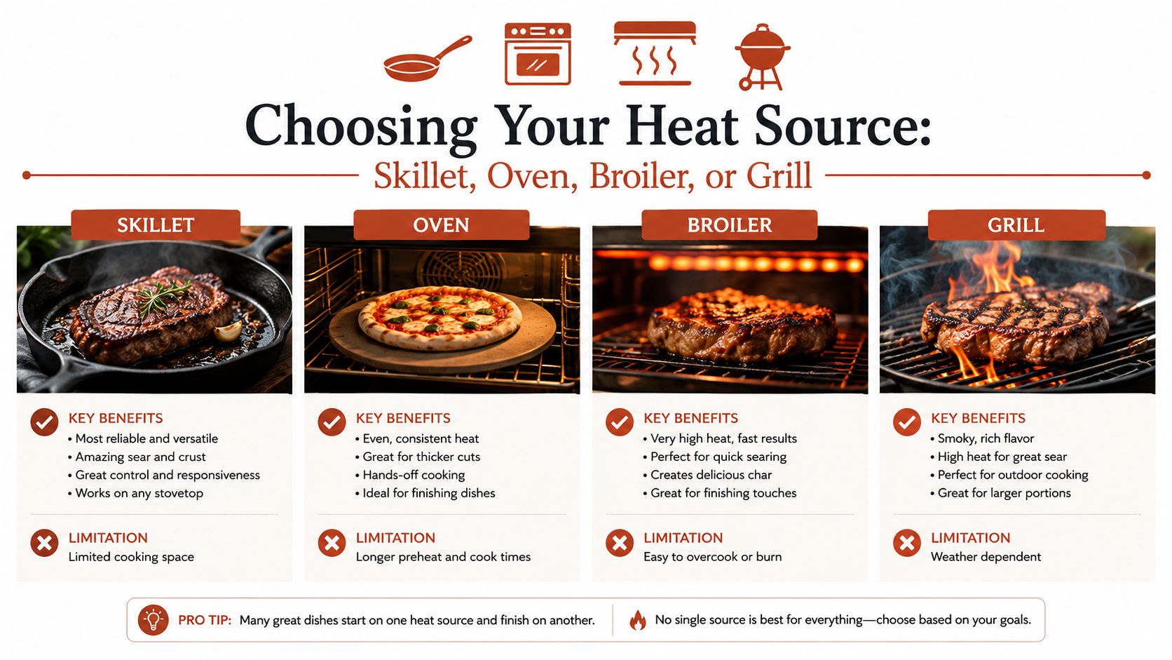 A cooking comparison chart showing benefits and limitations for using a skillet, oven, broiler, and grill.