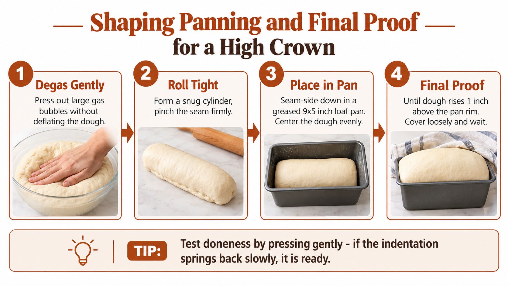 A step-by-step infographic showing how to shape, pan, and final proof homemade white bread dough.