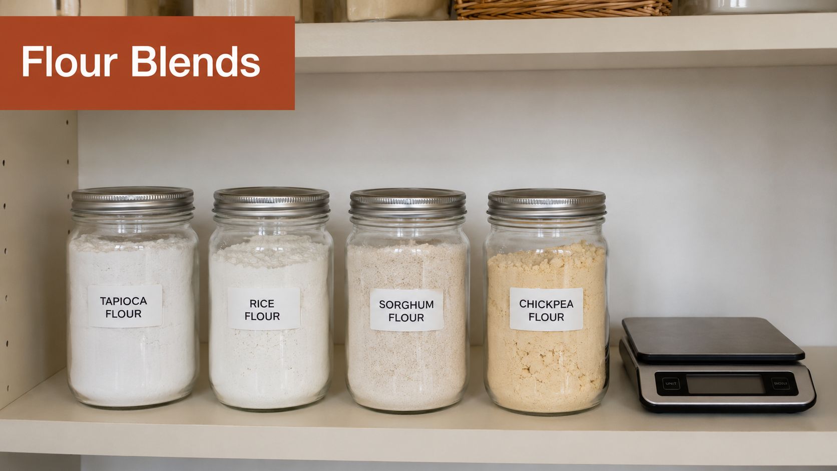 Four clear glass jars filled with various gluten-free flours sitting on a shelf next to a scale.