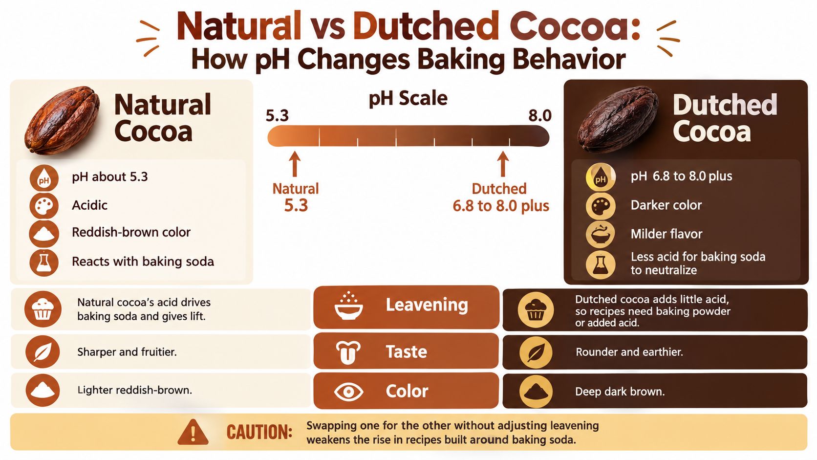 An infographic comparing natural versus dutched cocoa powder, highlighting differences in pH levels, color, and baking properties.