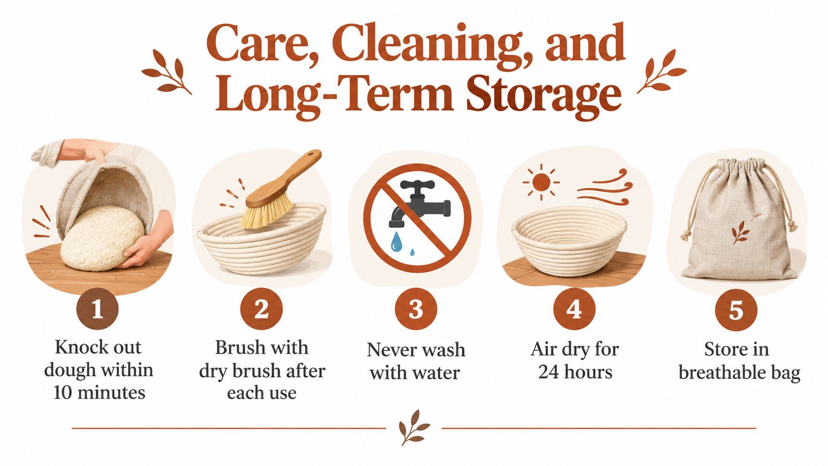 An instructional infographic detailing the care, cleaning, and storage steps for a sourdough proofing basket.