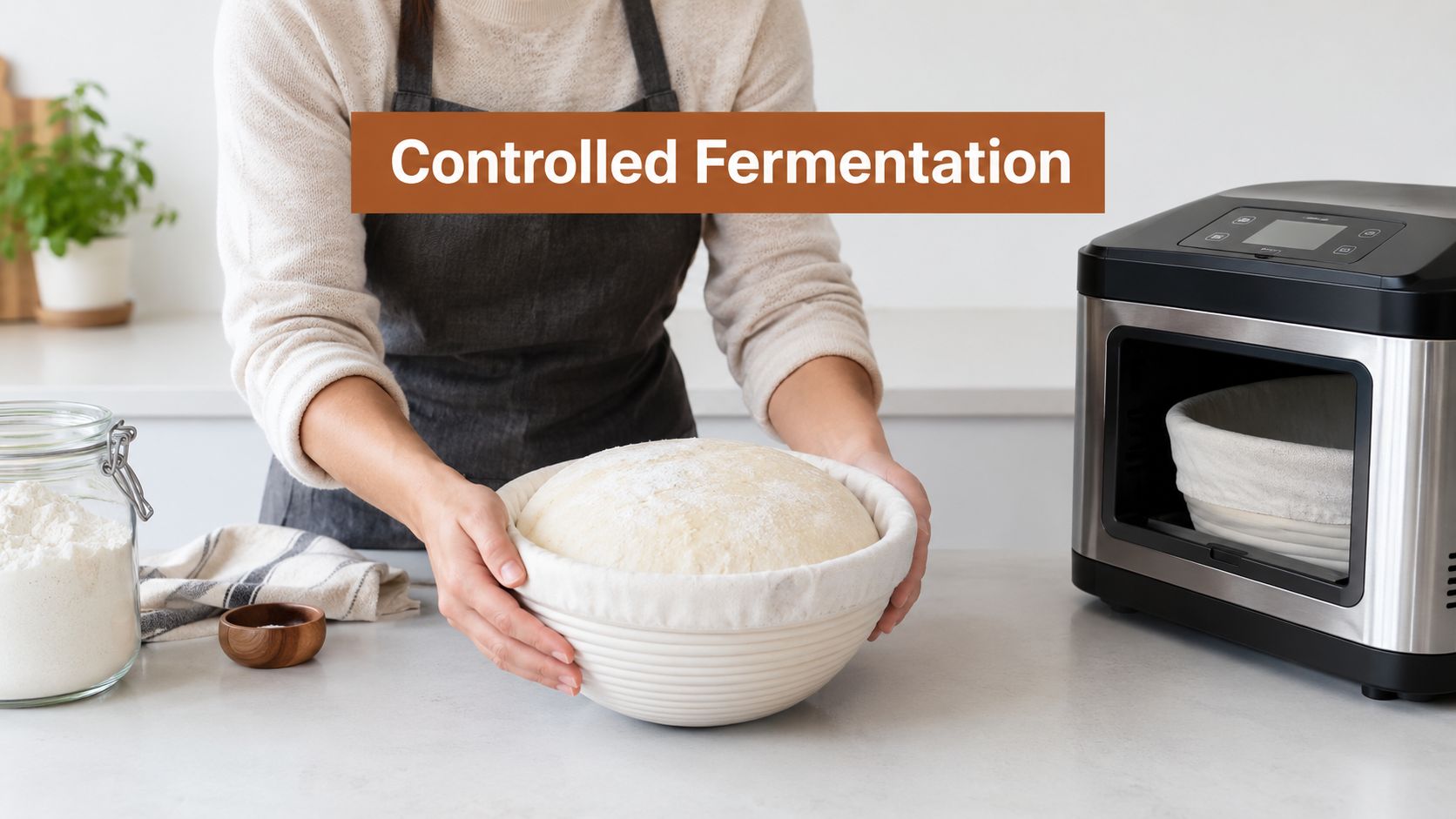 A person in an apron prepares a proofing basket with dough next to an automatic fermentation machine.