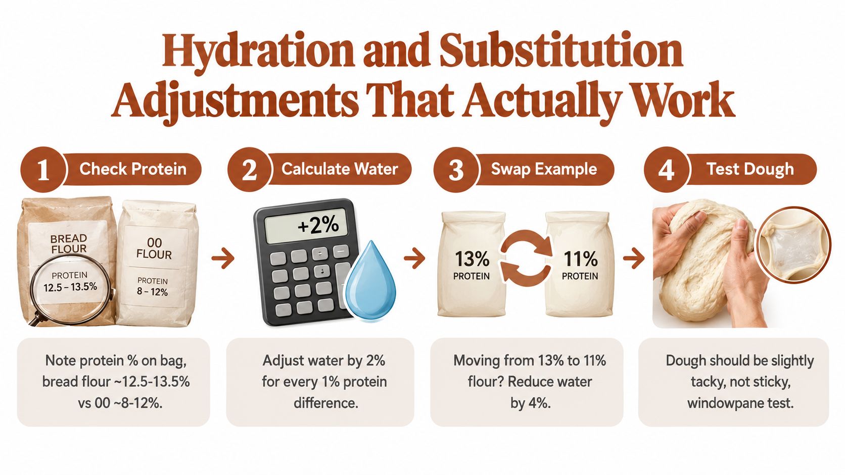 A four-step infographic explaining how to adjust water hydration levels when substituting bread flour and 00 flour.