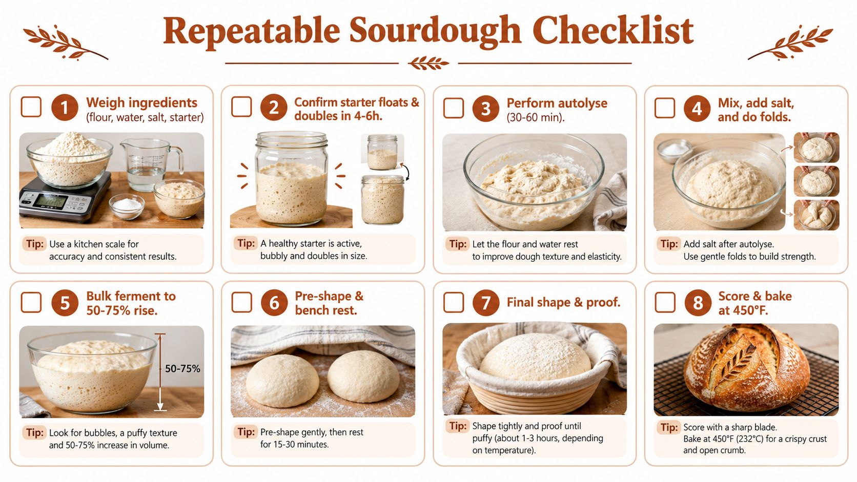 A visual guide and checklist for making sourdough bread, outlining eight essential steps from preparation to baking.