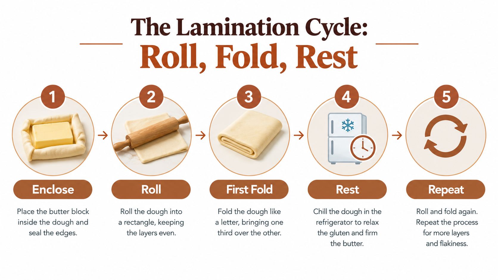 An infographic showing the five steps of the lamination cycle for making dough: enclose, roll, fold, rest, repeat.