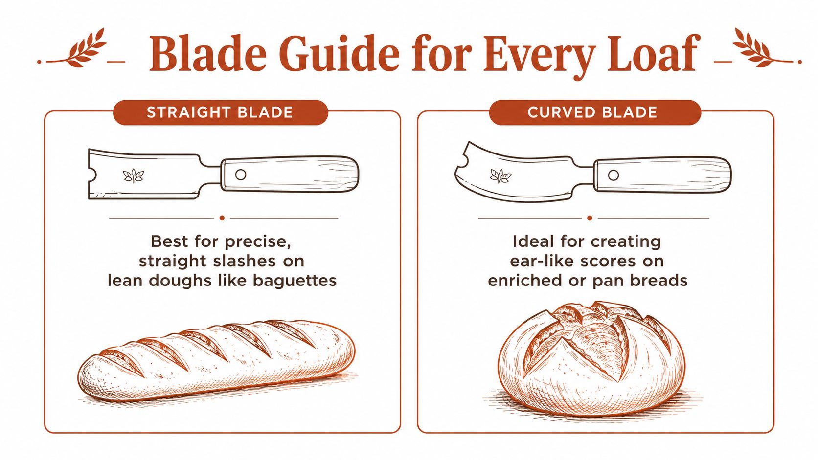 A bread scoring guide showing the difference between a straight blade for baguettes and a curved blade for loaves.