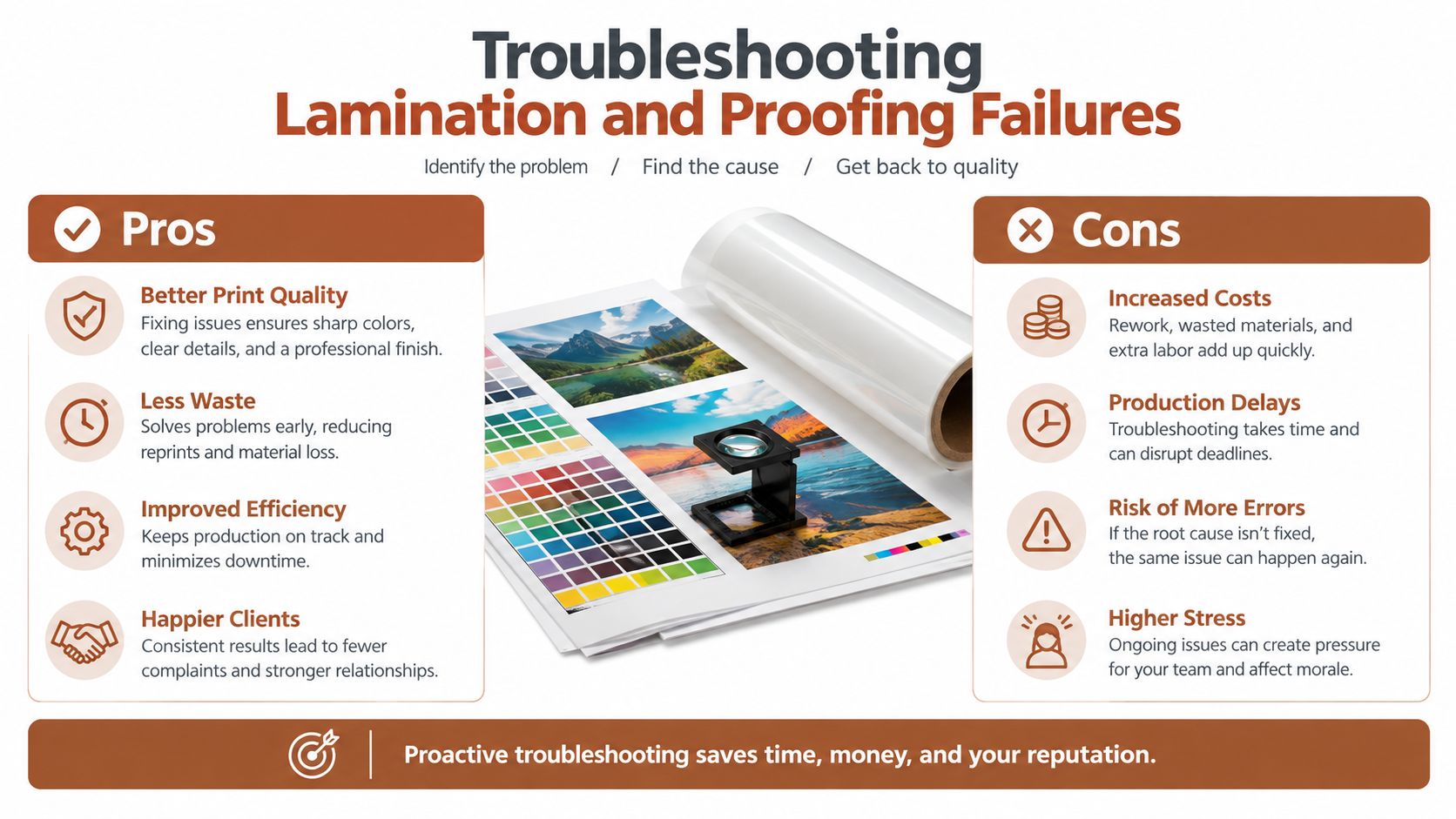 An infographic titled Troubleshooting Lamination and Proofing Failures comparing the pros and cons of solving print errors.