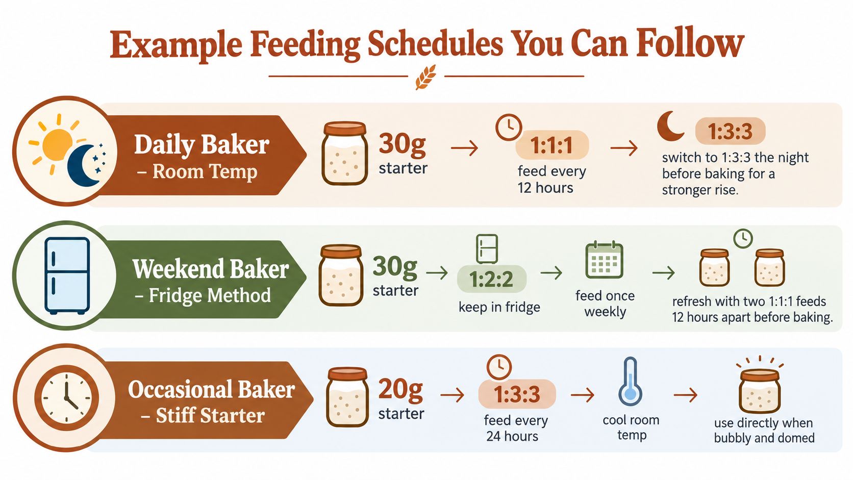 An infographic detailing three different sourdough starter feeding schedules for various baking frequencies and storage methods.
