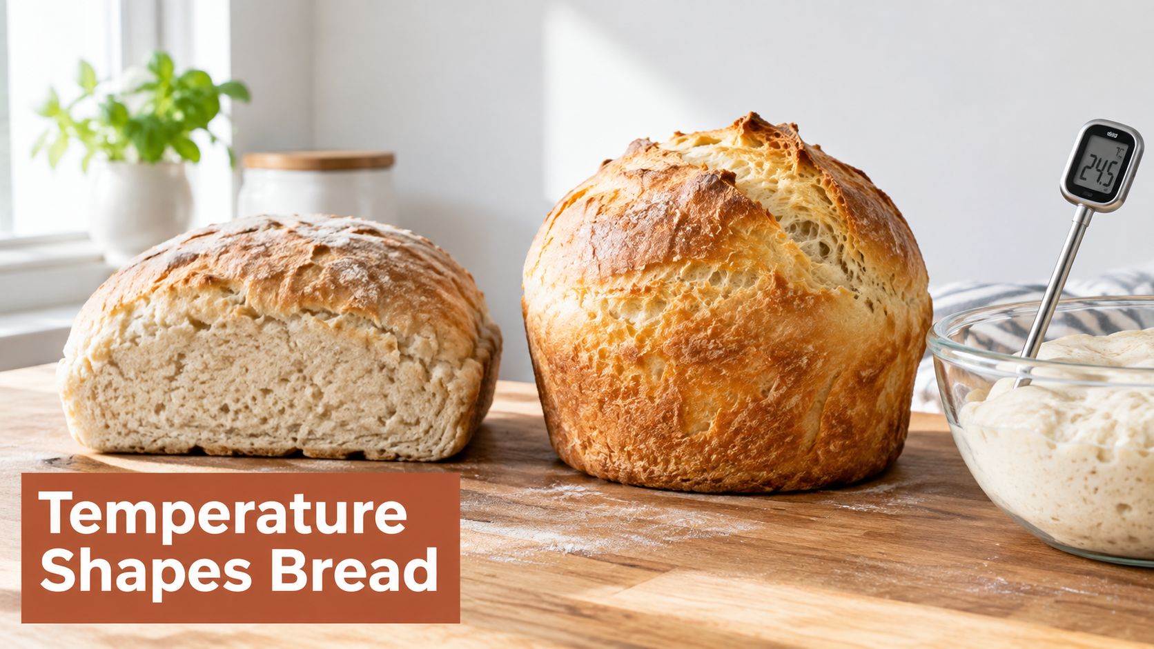 Two fresh loaves of bread sitting next to a bowl of dough with a digital thermometer inserted.