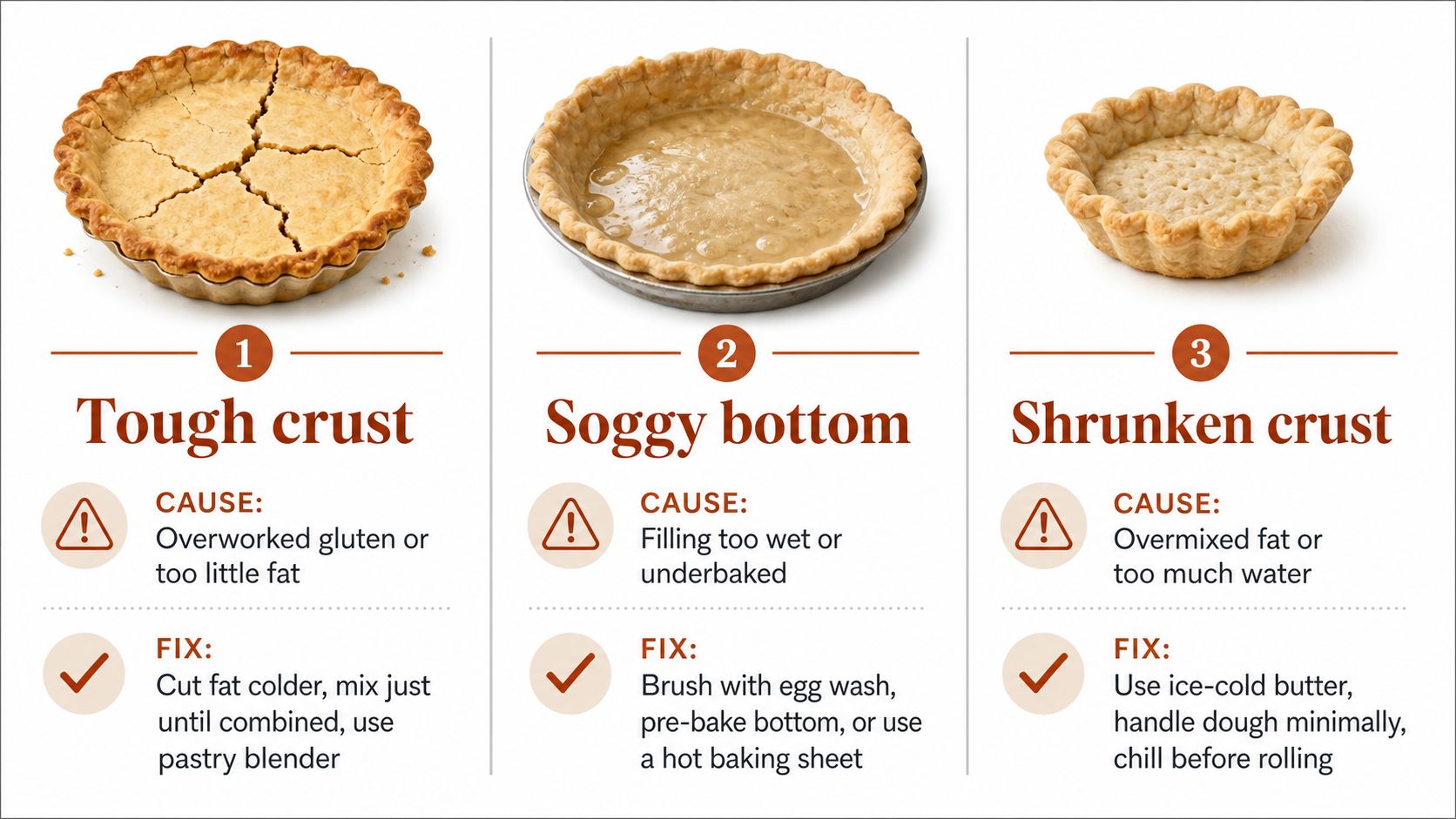 An infographic detailing common pie crust issues, their causes, and how to fix them effectively.