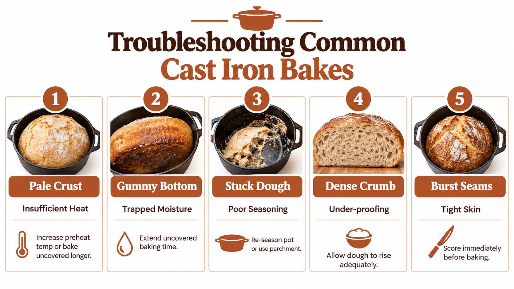 An infographic detailing five common problems when baking bread in a cast iron pot and their solutions.