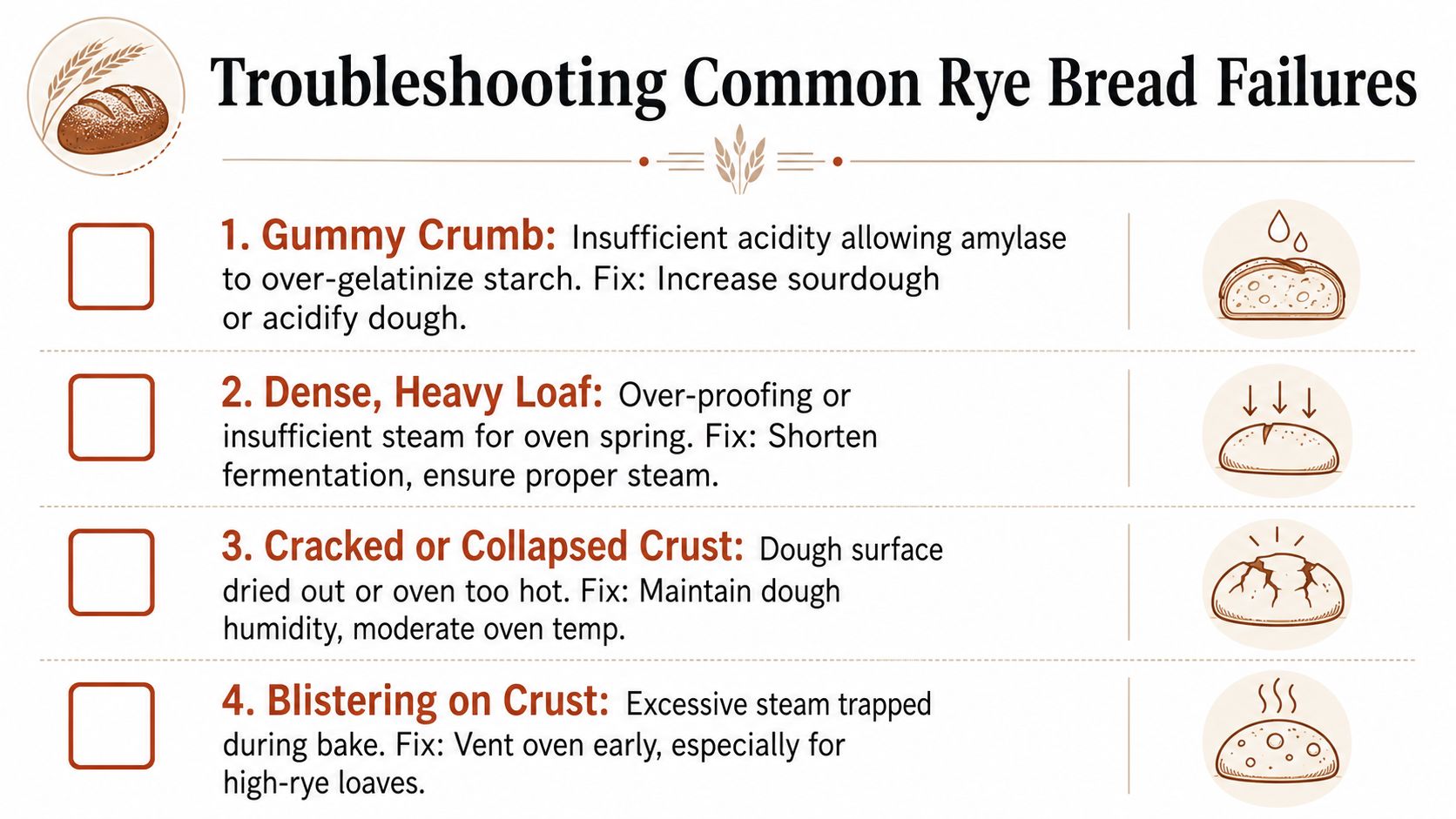 An infographic displaying four common rye bread baking failures and how to troubleshoot and fix them.