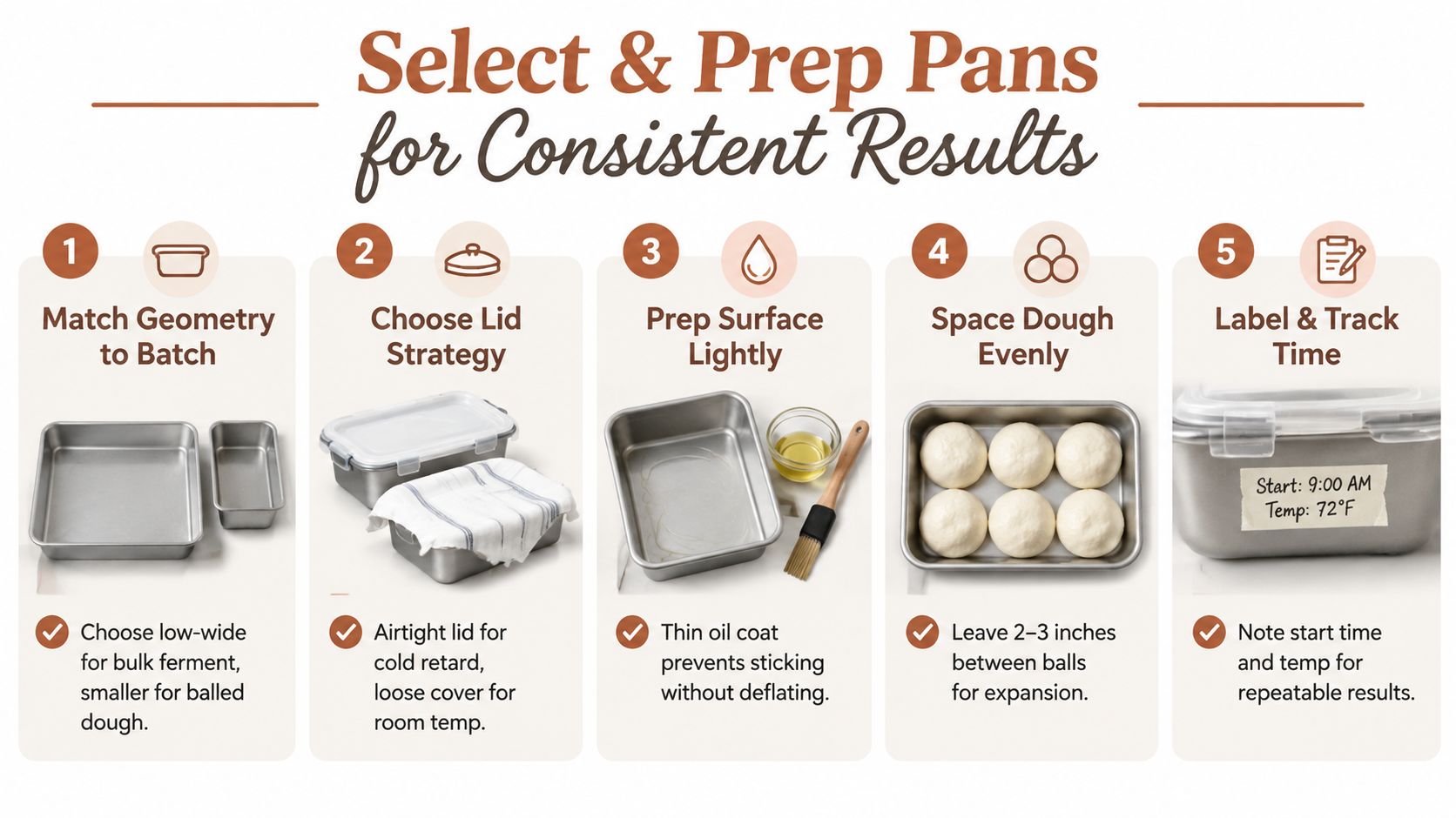 An instructional graphic showing five steps to properly select and prepare pans for proofing pizza dough.