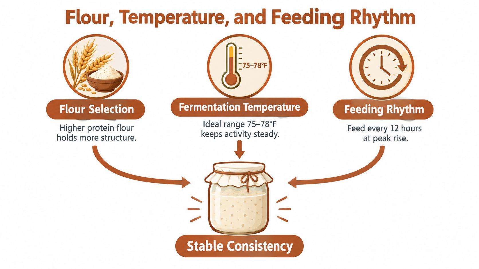 An infographic showing sourdough starter stability factors: flour protein content, temperature range, and 12-hour feeding intervals.
