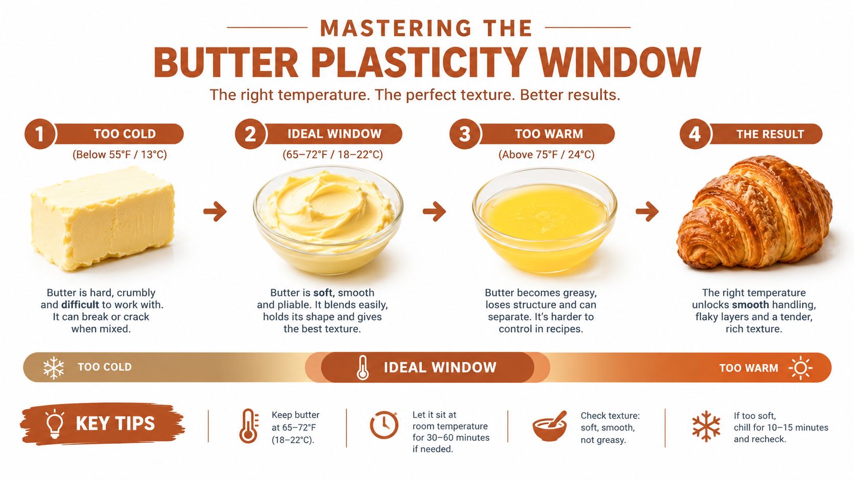 A diagram illustrating the ideal butter temperature range for creating laminated doughs like flaky croissants.