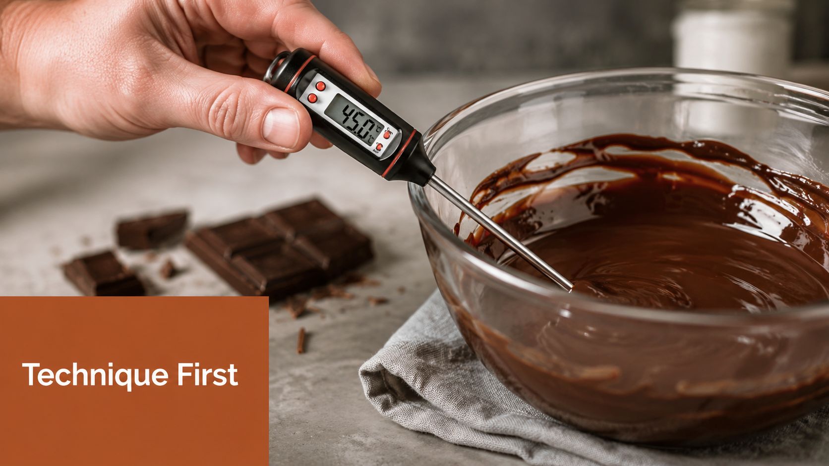 A hand using a digital thermometer to check the temperature of melted chocolate in a glass bowl.