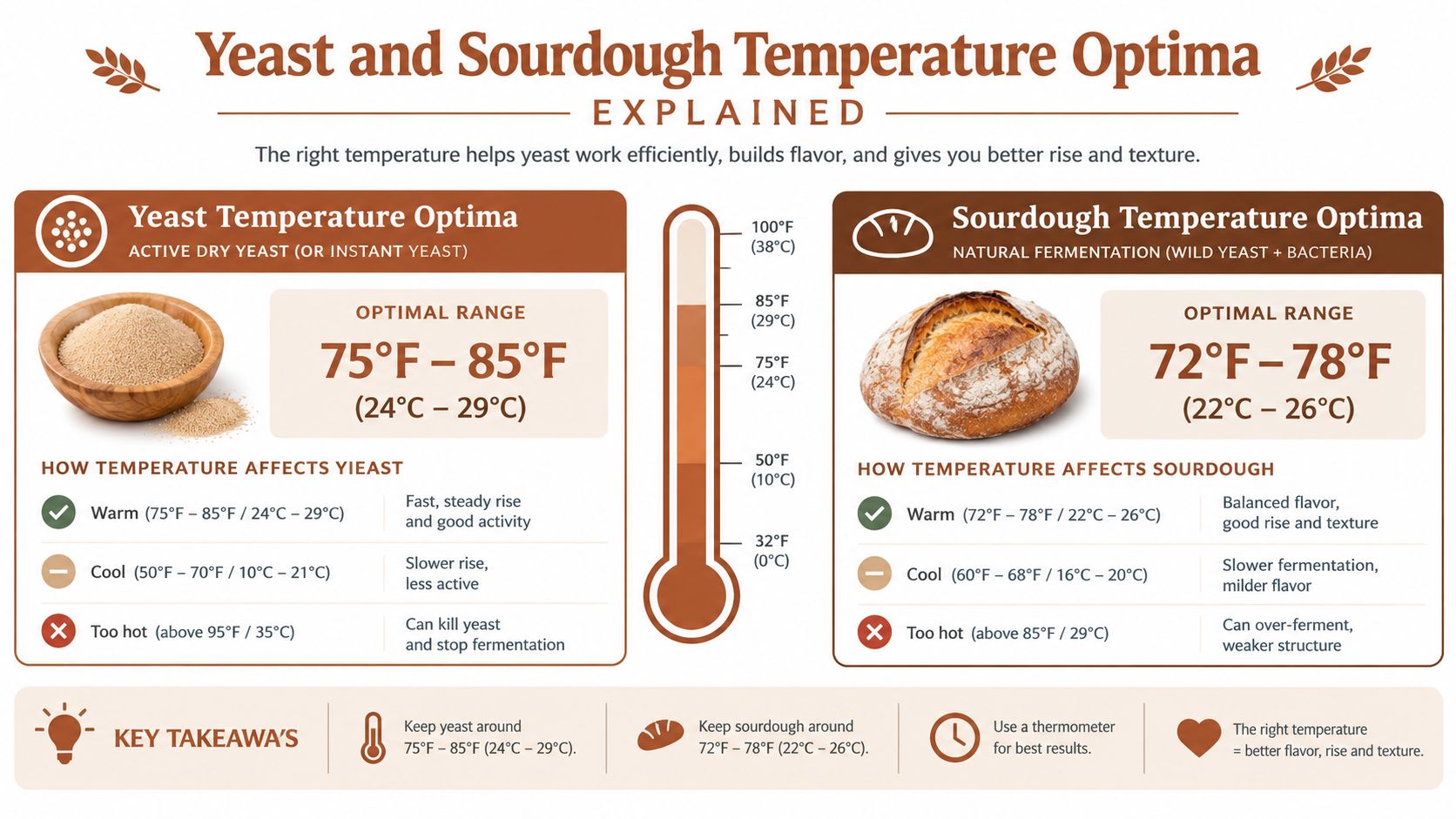 A helpful infographic comparing the optimal fermentation temperature ranges for active dry yeast and sourdough starter.