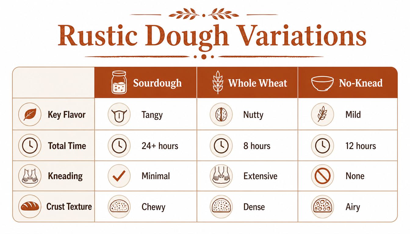 A comparison chart of rustic dough variations including Sourdough, Whole Wheat, and No-Knead bread recipes.