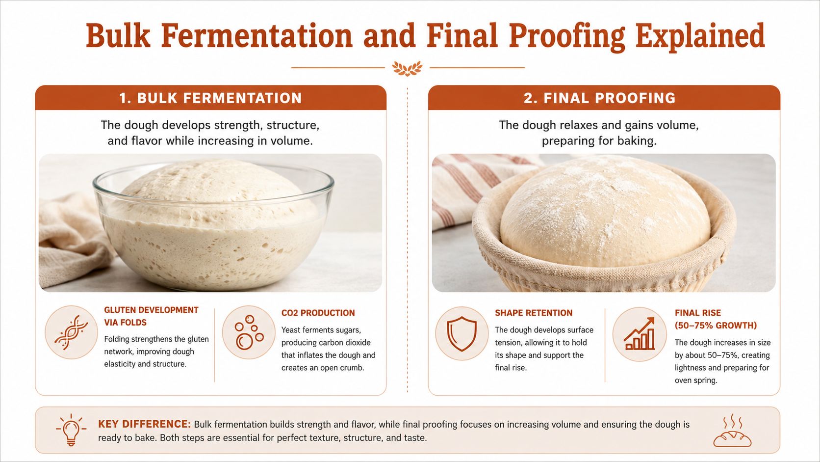An educational infographic comparing the bulk fermentation and final proofing stages of bread baking.