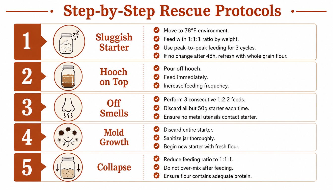 An infographic titled Step-by-Step Rescue Protocols illustrating solutions for common sourdough starter problems including sluggishness and mold.