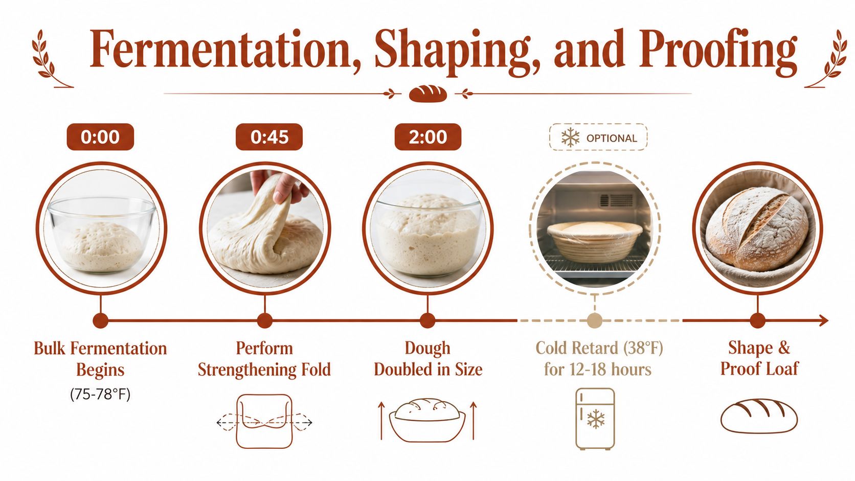 An infographic illustrating the step-by-step process of fermenting, shaping, and proofing homemade sourdough bread dough.