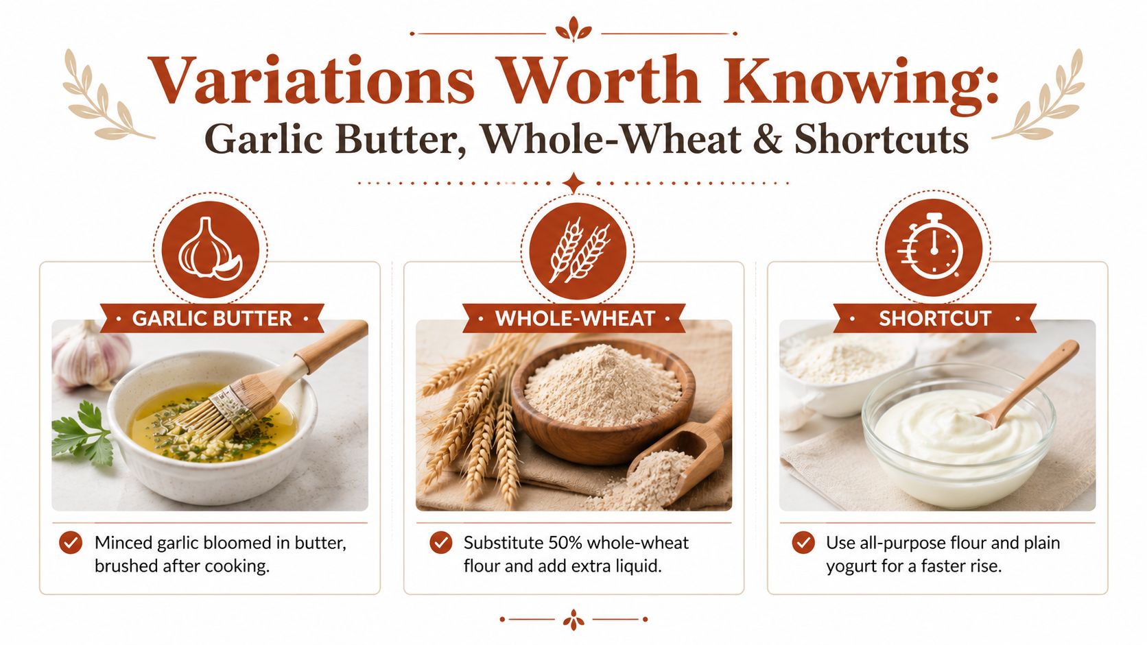 An infographic showing variations for naan bread recipes, including garlic butter, whole-wheat, and yogurt shortcuts.