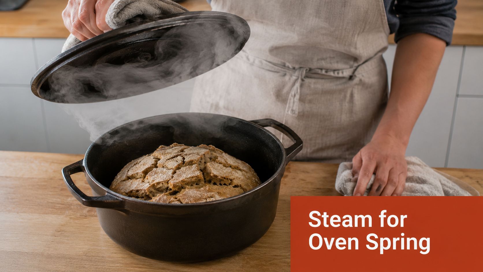 A person opening a steaming cast iron Dutch oven containing a crusty loaf of freshly baked sourdough bread.