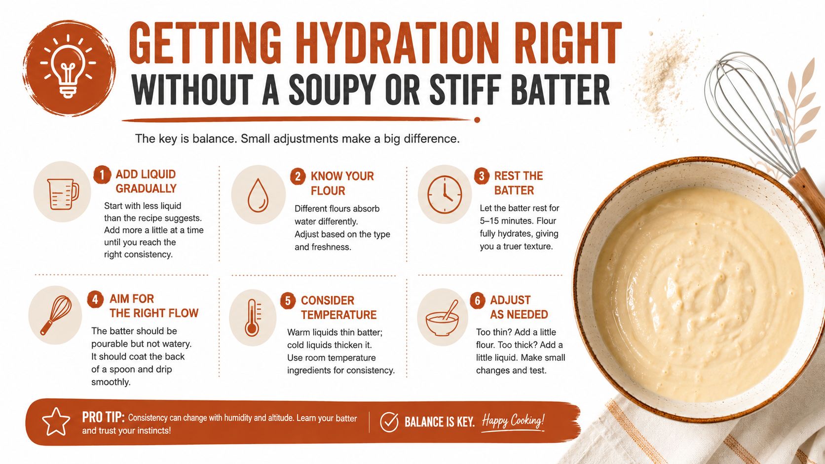 An infographic titled Getting Hydration Right, featuring six steps for achieving the perfect batter consistency.