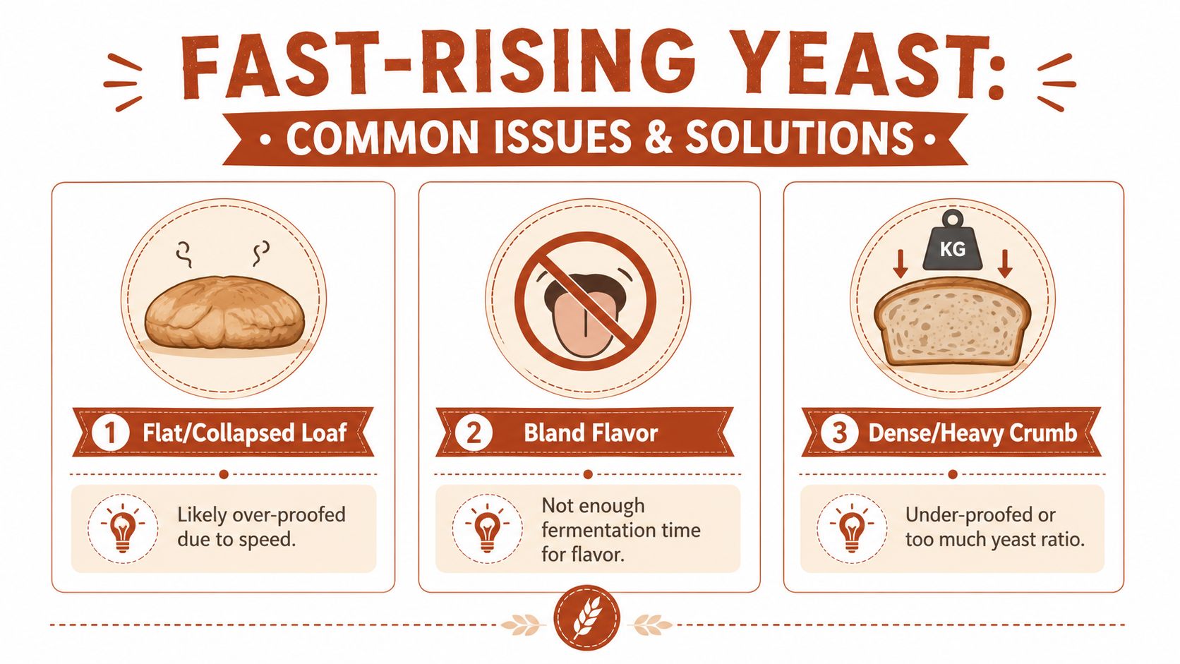 An infographic showing three common baking issues with fast-rising yeast: collapsed loaf, bland flavor, and dense crumb.