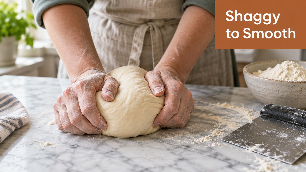 A baker kneading a ball of smooth, elastic dough on a marble countertop with flour and tools.