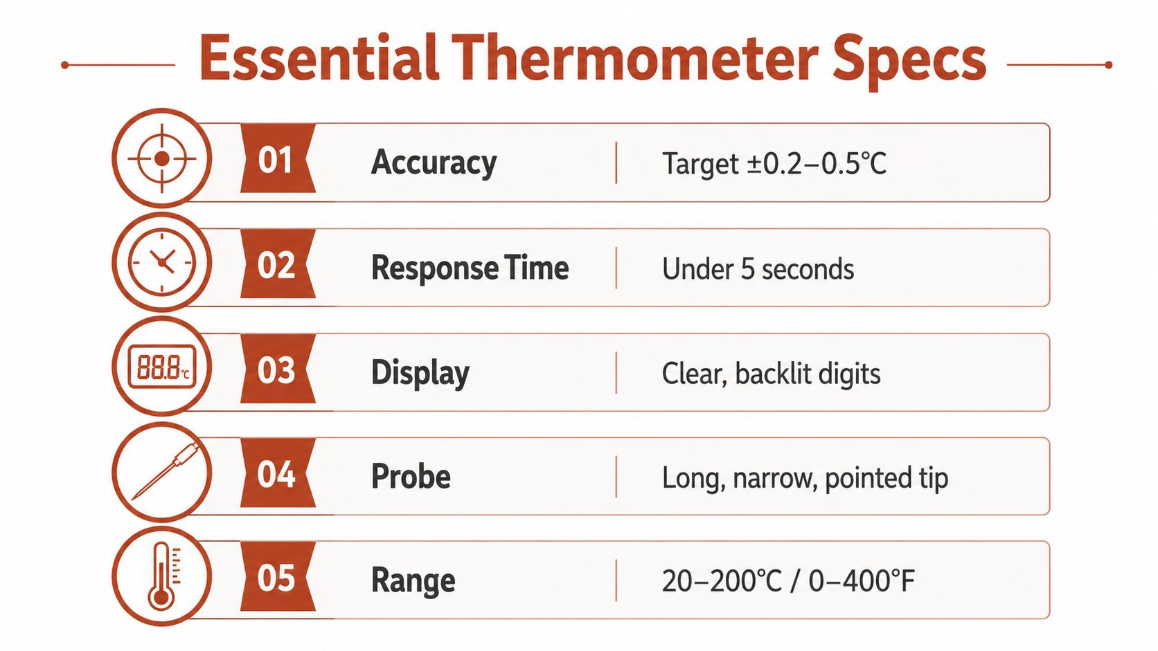 A diagram listing five essential specifications for a chocolate tempering thermometer including accuracy, response time, display, and range.