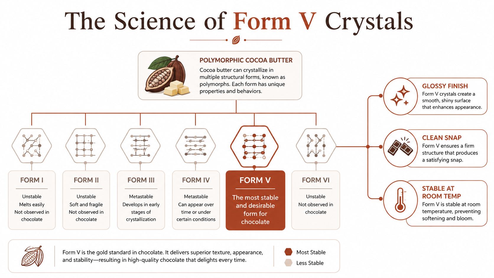 An infographic illustrating the six polymorphic forms of cocoa butter crystals, highlighting Form V as the gold standard.