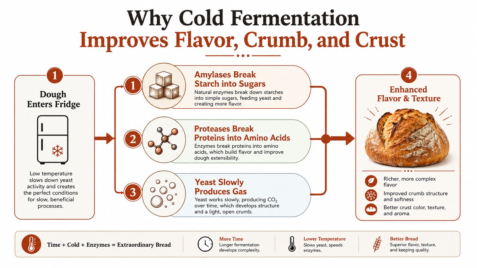 An infographic explaining how cold fermentation improves bread flavor, crumb structure, and crust through enzyme activity.