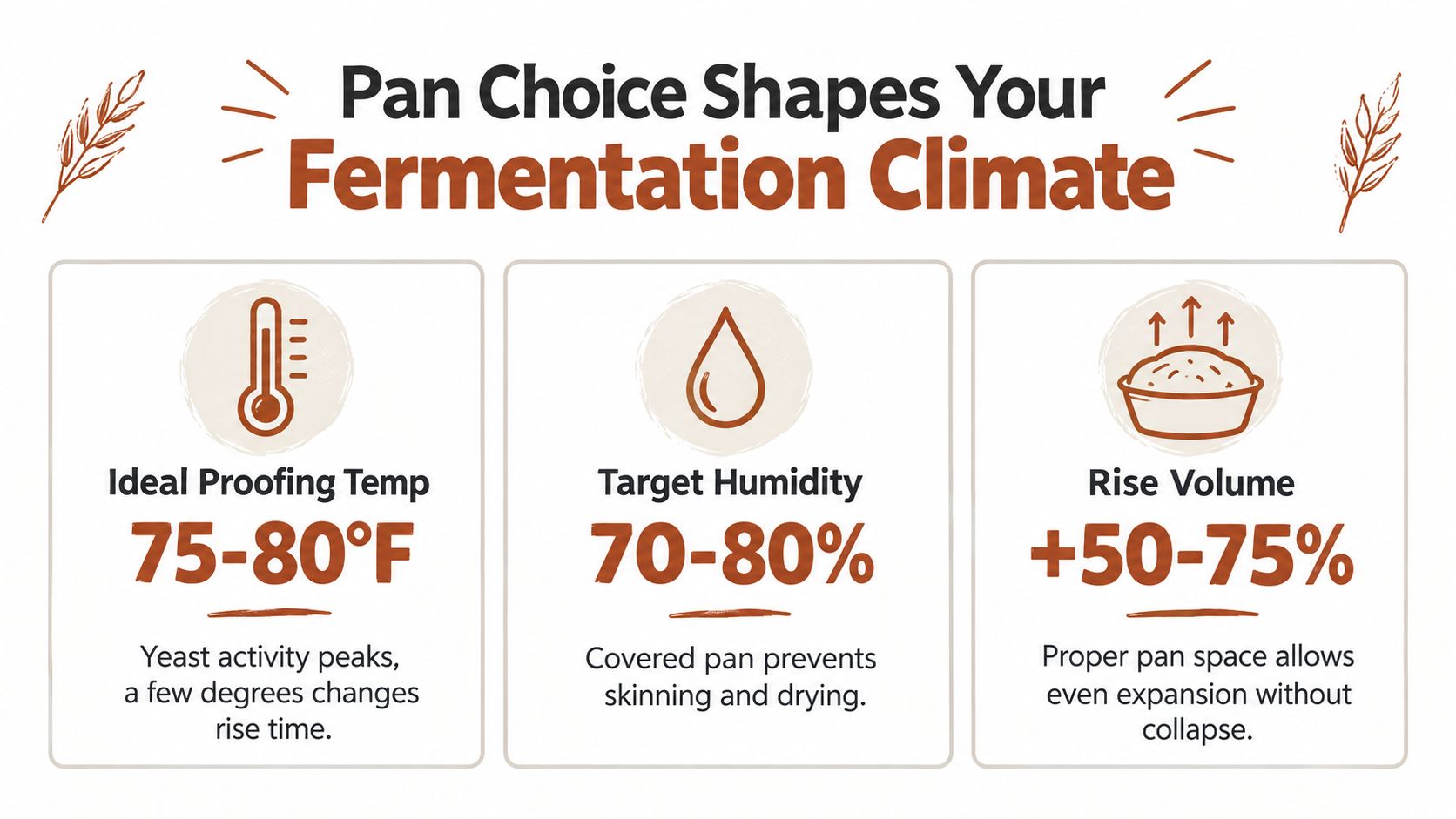 An infographic displaying ideal fermentation conditions for pizza dough, including temperature, humidity, and rise volume parameters.