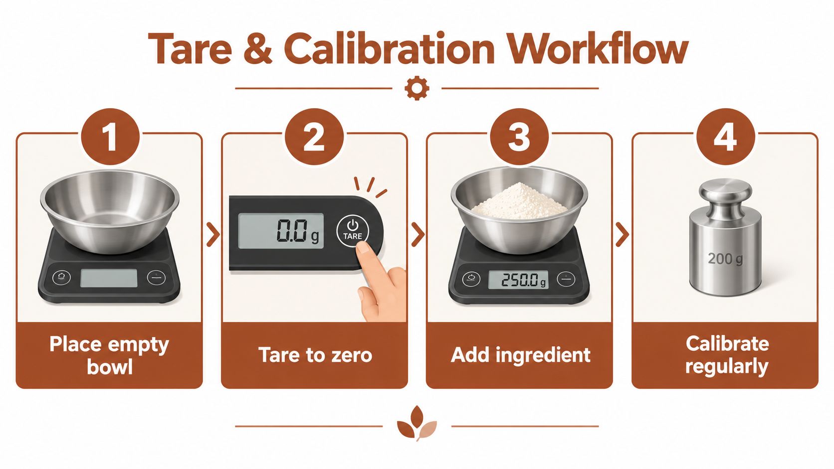 An infographic showing the step-by-step workflow for using a digital kitchen scale for weighing ingredients.