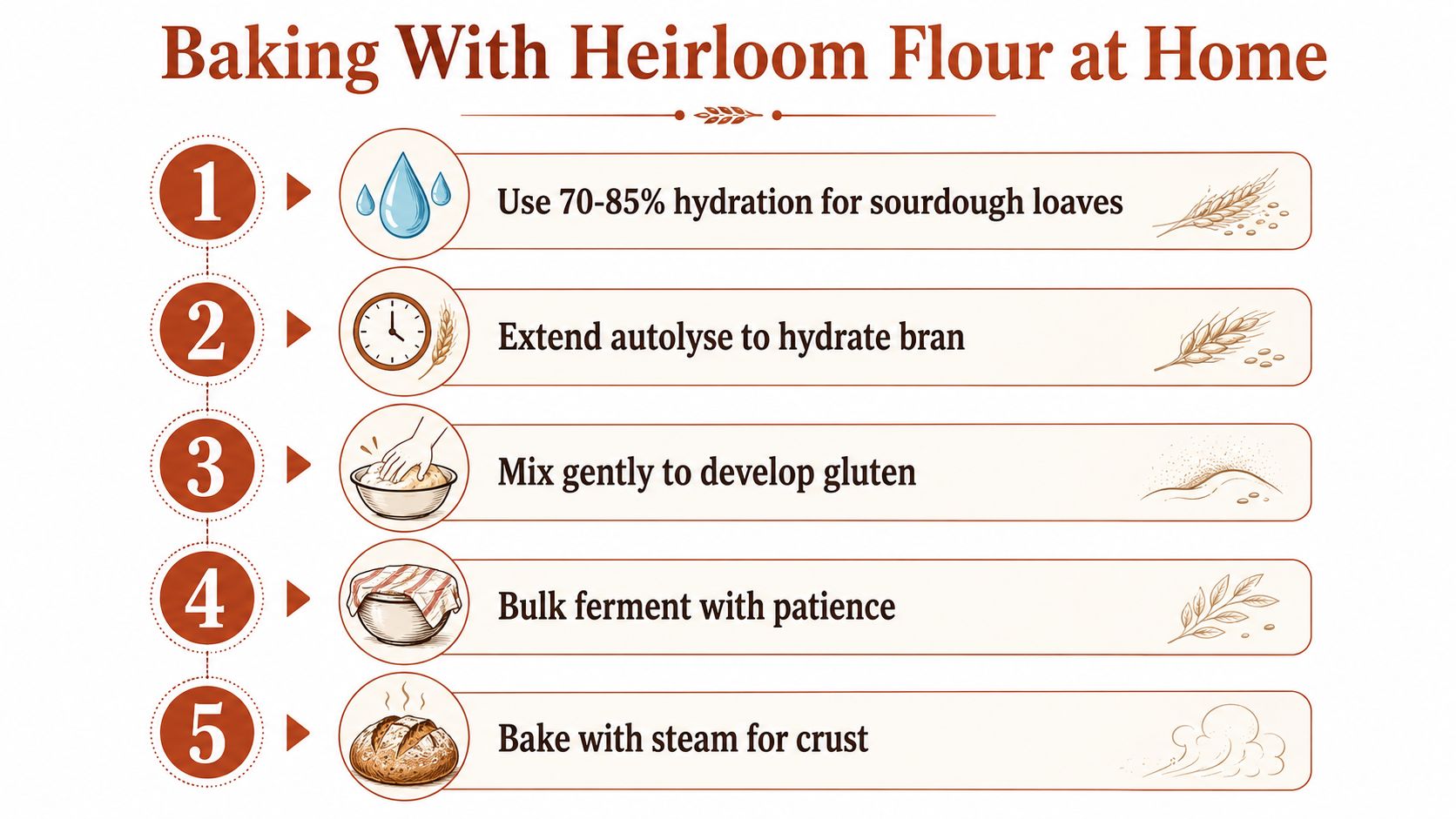 A five-step infographic guide on baking sourdough bread at home using traditional heirloom wheat flour.