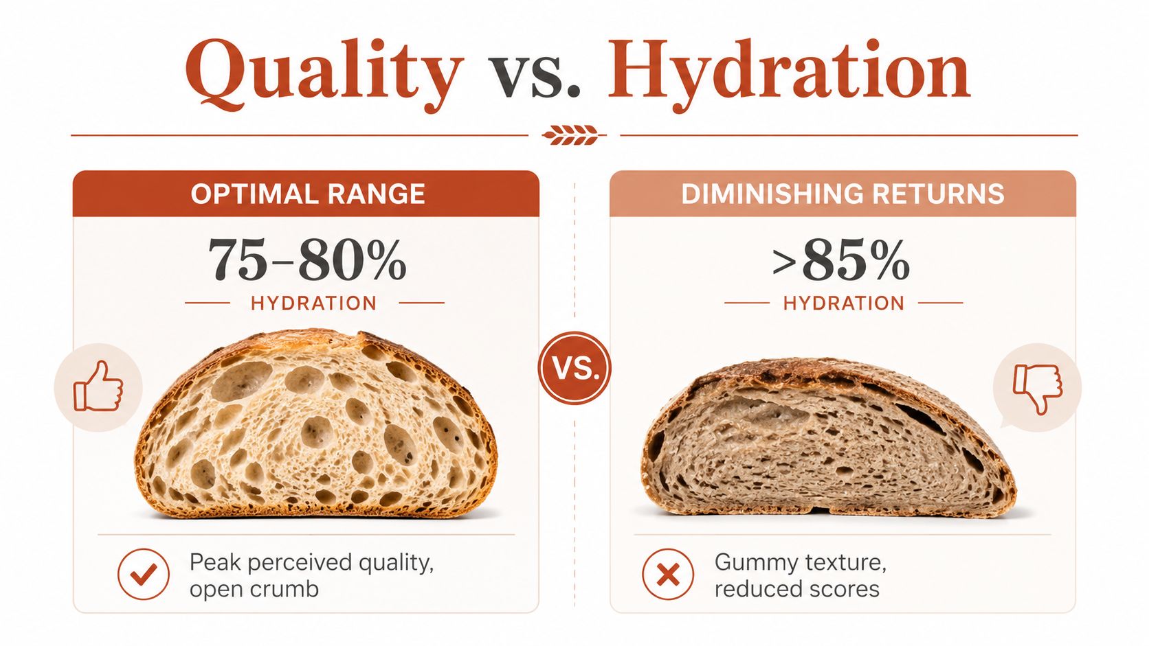A comparison chart showing how bread crumb structure and texture change between 75-80% and over 85% hydration levels.
