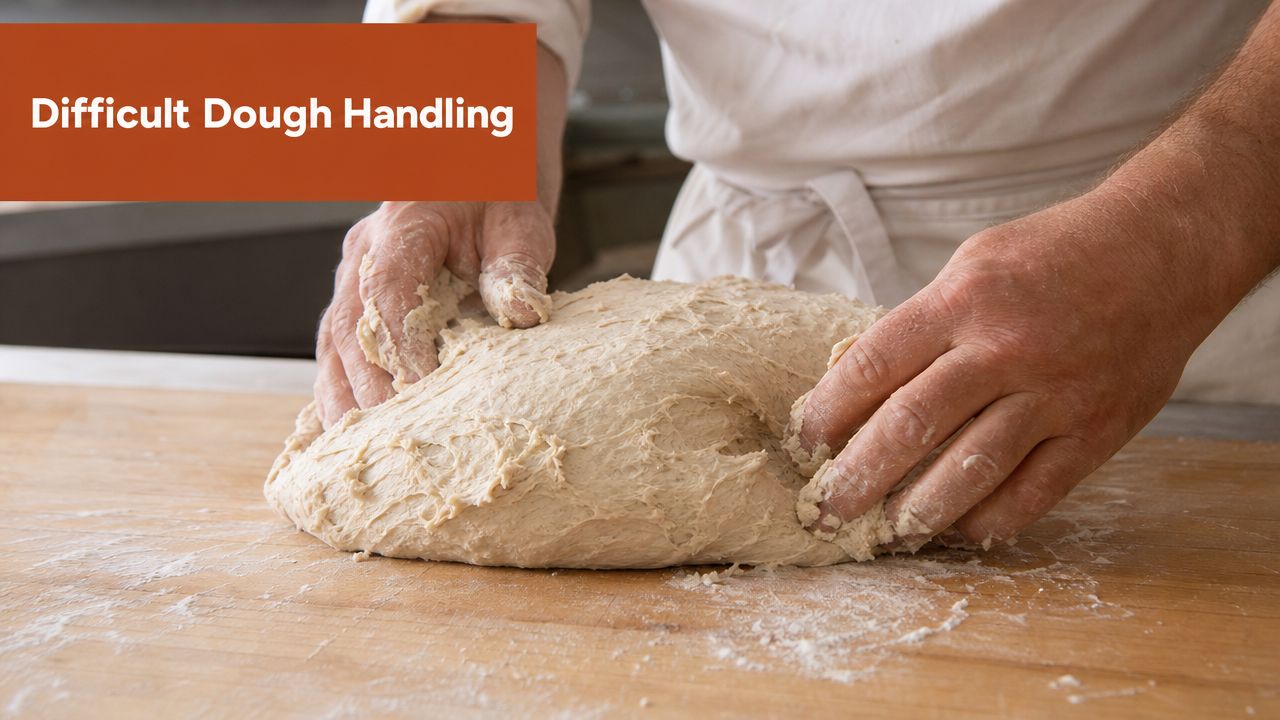 A professional baker with floured hands kneads sticky bread dough on a wooden kitchen surface.